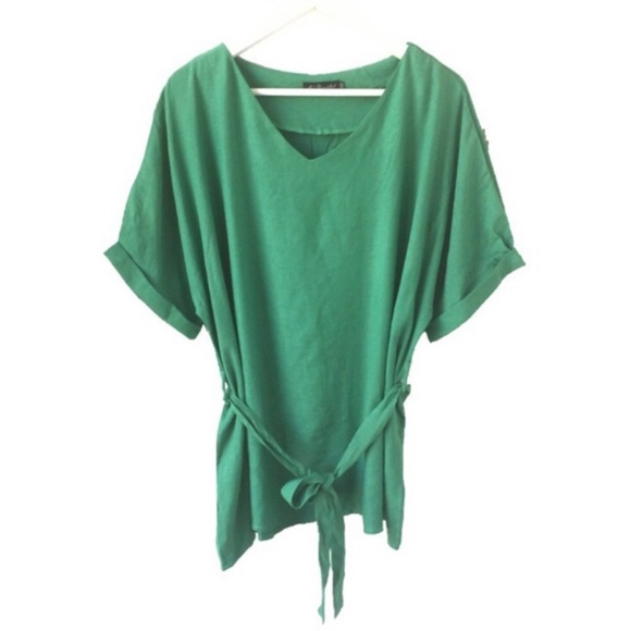 🌸New🌸 Kd.Beautiful Belted Linen Blouse XXL Green - Picture 3 of 4